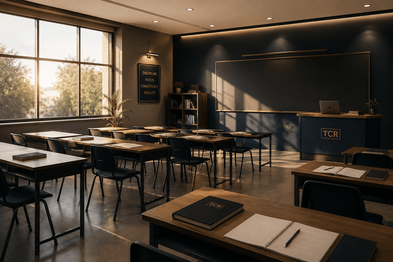 TCR classroom with desks facing a chalkboard